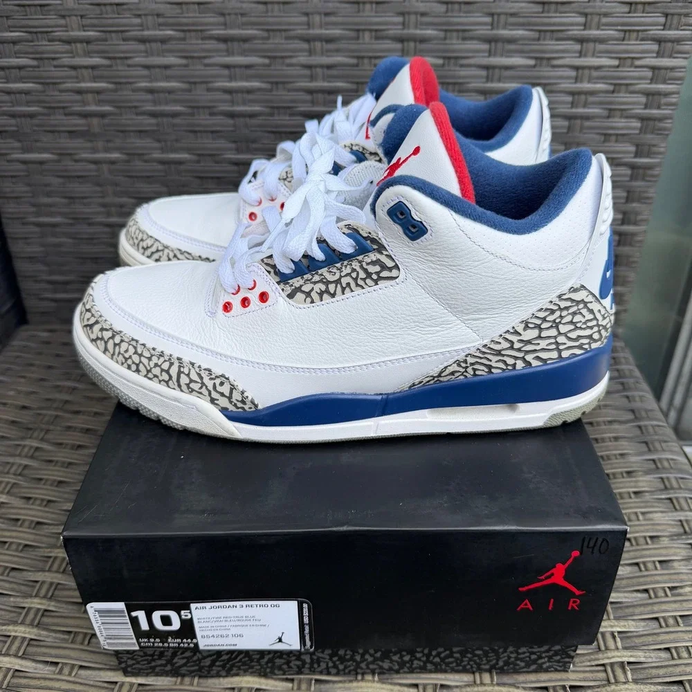 Air Jordan 3 Retro OG True Blue White Fire Red Blue Mens 10.5